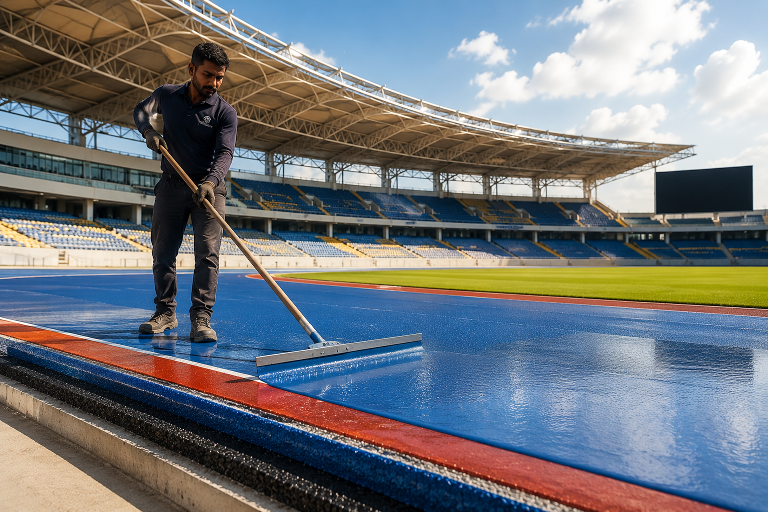 Technician installing a sports surface system